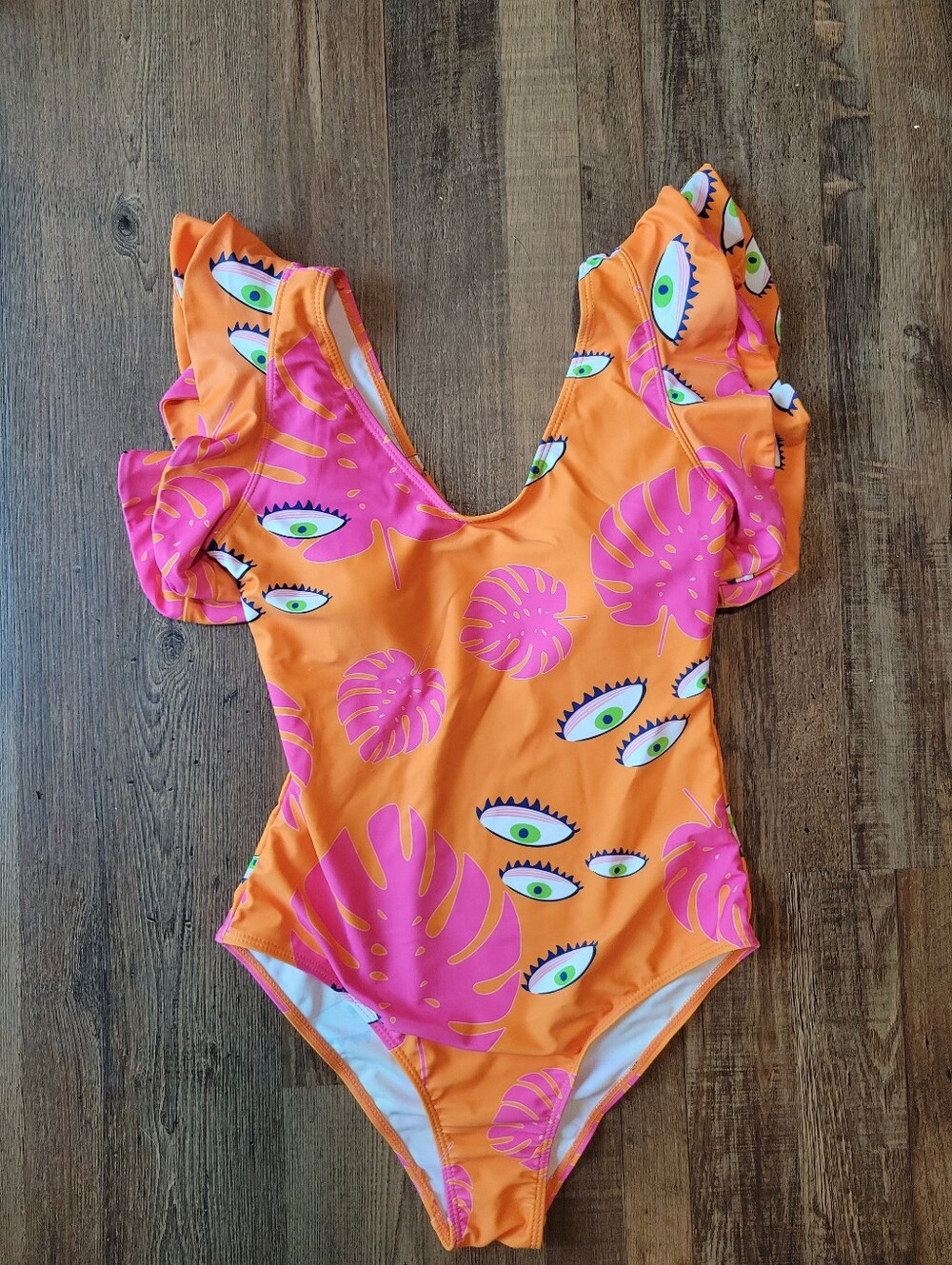 Orange Pink Eyeball Ruffle Sleeve One Piece Swimsuit
